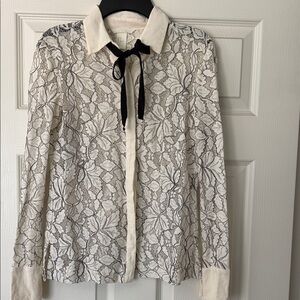 H&M Cream Lace Floral Button-Up Top with Black Bow